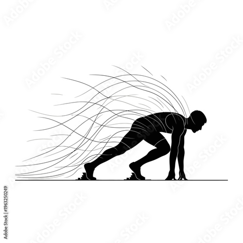 Silhouette of a runner in starting position with dynamic lines representing speed and motion.