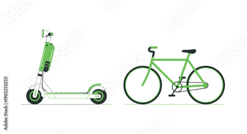 Green bicycle and electric scooter side by side on white background illustrations.