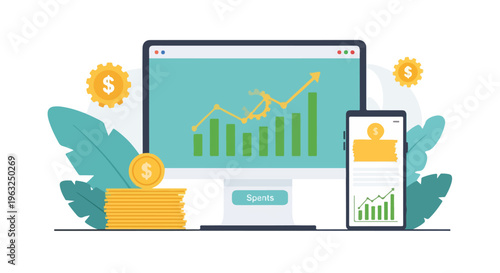 Financial chart illustration featuring a monitor, phone, currency, and growth graph