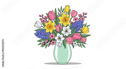 Vibrant spring flowers arranged in a green vase on a white background