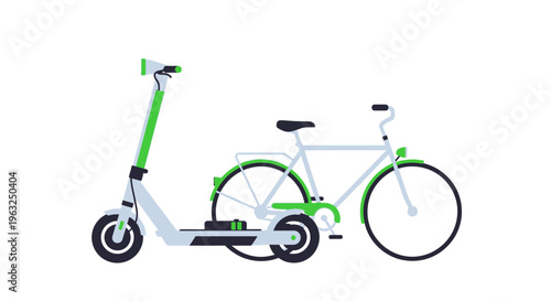 An electric scooter and bicycle are parked side by side on a clean pathway outdoors.