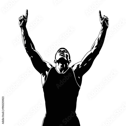 Silhouette of a triumphant athlete raising arms in victory against a white background, celebrating success.