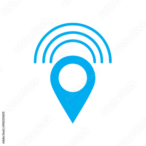 A bright blue location pin icon radiates concentric signal waves above it on a white background.