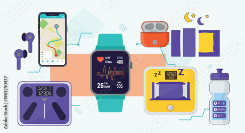 Fitness and health concept illustration with multiple connected smart devices