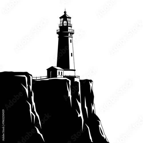 A striking black and white illustration of a lighthouse perched on a cliff overlooking the sea.