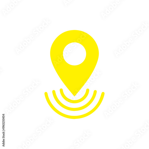Vibrant yellow map pinpoint graphic clearly shows outward radiating waves signifying active position tracking on a plain background.