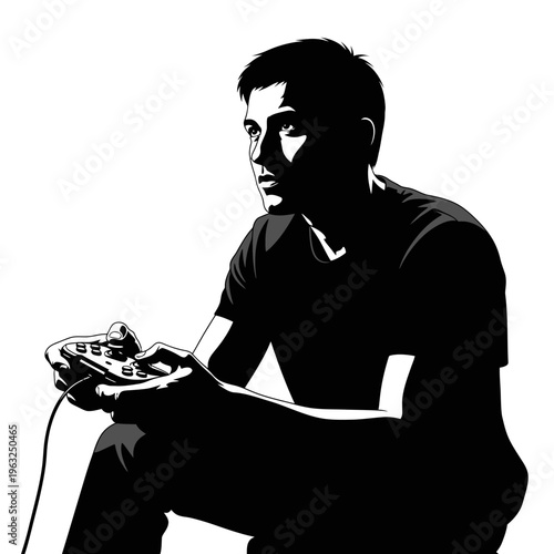 Young man playing video games with a controller, focused expression, silhouette style.