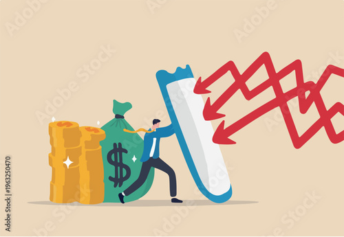 Financial security, money loss or wealth protection, defense from cyber attack or economic recession concept, strong businessman holding shield to protect from red arrow attacking financial security