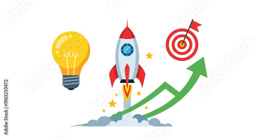 Rocket ship blasts off towards target with lightbulb idea and growth chart