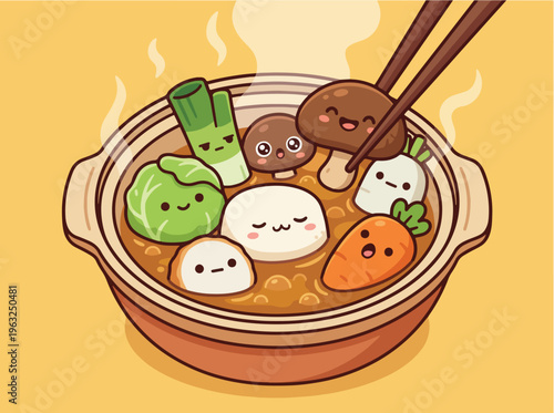 Cute cartoon hot pot with anthropomorphic vegetables and mushrooms, steaming in a traditional ceramic bowl with chopsticks.