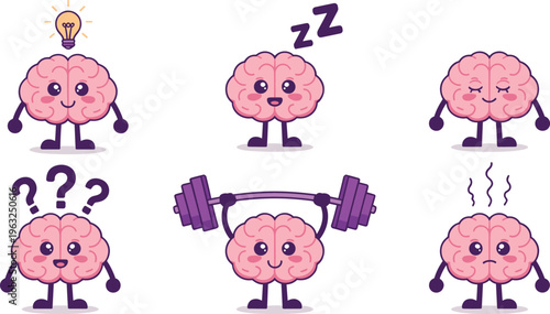 Cute pink brain cartoon character set with different emotions and activities representing mental health training and psychology concepts,