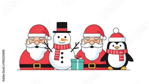 Festive Christmas illustration featuring two jolly Santa Clauses, a cheerful snowman, and an adorable penguin with a gift, all wearing scarves and hats on a white background.