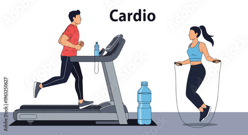 Fitness graphic showing a person on treadmill and a woman jumping rope