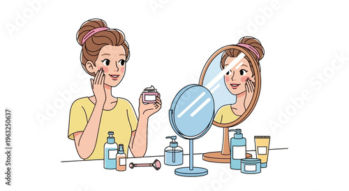 Woman applies cream on her face in front of a mirror with various beauty products