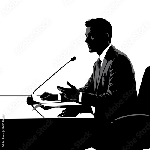 Silhouette of a businessman in a suit speaking at a microphone during a press conference or presentation.