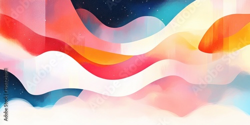 Abstract colorful waves in sky with stars and soft gradient. Modern art background blending vibrant hues creating dreamy atmosphere