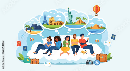 Group of people dreaming of travel destinations in a whimsical illustration