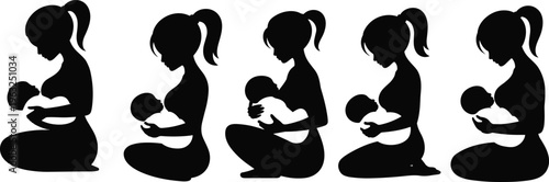 Breastfeeding mother silhouette set with woman holding newborn baby in different nursing positions for maternal healthcare motherhood,