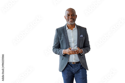 African american business man smiling and holding smartphone, using mobile technology for communication and networking, transparent background