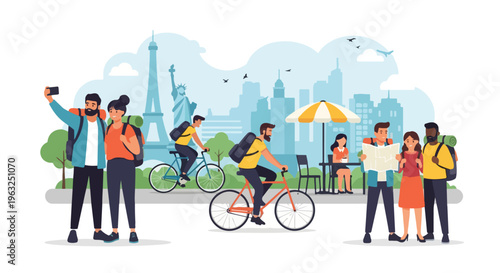 Group of people enjoying travel, biking, and sightseeing in city