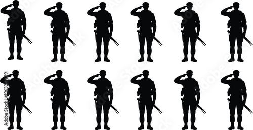 Military soldier saluting silhouette set with army personnel in uniform holding rifle for veterans day memorial concepts,