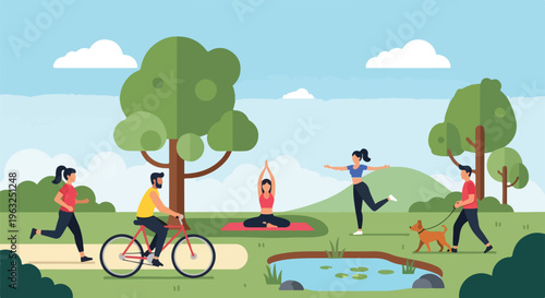 Flat illustration of people exercising and enjoying outdoor activities in a park
