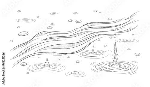 Abstract black and white line of water droplets and ripples with swirling streams