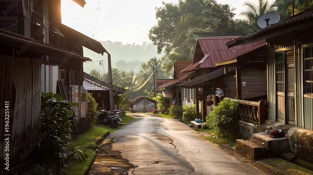 Fototapeta premium Peaceful rural village street with traditional wooden houses in warm morning sunlight. Quiet countryside neighborhood surrounded by lush greenery and tropical trees