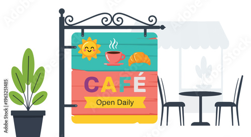 Illustration of a cafe with a sign, furniture, and a potted plant