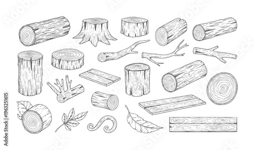 Black and white hand drawn logs branches stumps and leaves twigs