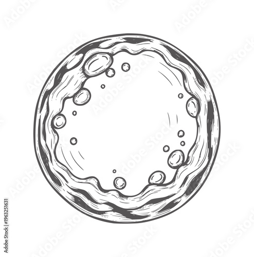 Black and white hand drawn of a textured full moon surface craters handdrawn