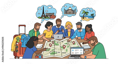 Group of people planning a vacation with maps and dream destinations