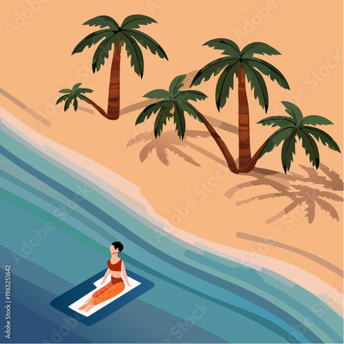 Woman relaxing on a paddleboard in the ocean.