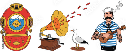 Nautical vintage illustration set with deep sea diving helmet, gramophone, seagull bird and sailor musician character vector collection marine retro design elements