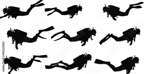 Scuba diver silhouette collection with underwater diving poses, oxygen tank equipment swimmer vector set isolated marine adventure sport design elements bundle