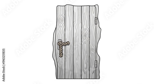 Old wooden door with rusty chain.