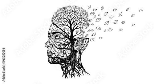 Surreal Vector Illustration of Female Head with Tree and Floating Leaves Symbolizing Fragile Memory