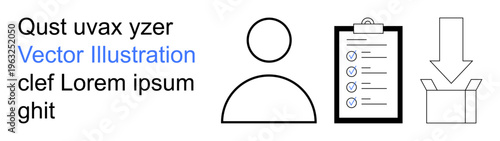 Task management, organization, workflow, checklist usage, logistics, productivity. A person icon, a checklist and a box with an arrow. Task management and organization concepts