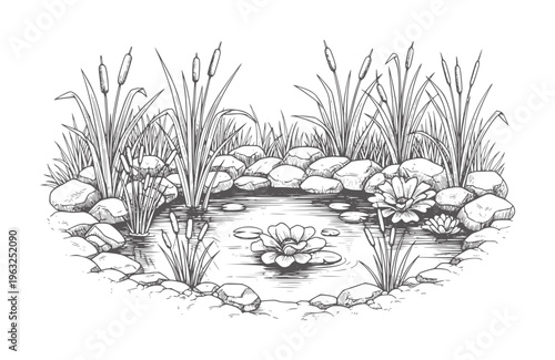 A  small pond with reeds flowers and rocks water