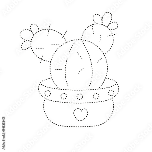 Dotted line kids activity game drawing of a potted cactus for tracing and learning