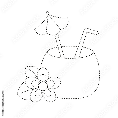 Isolated dotted line tropical drink with flower for kids activity game on transparent background