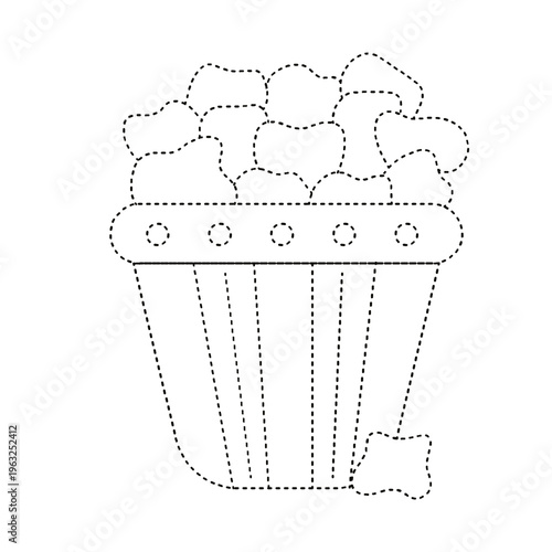 Isolated dotted line popcorn bucket activity game for kids learning to trace shapes on a transparent background