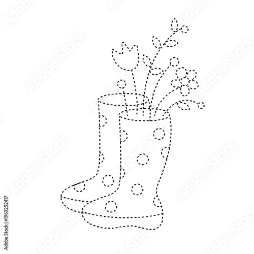 Dotted line outline of polka dot boots holding flowers as a kids activity game on transparent background