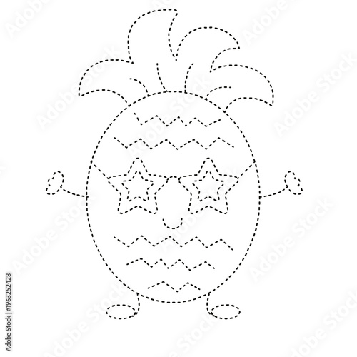 Dotted line kids activity game for drawing a cute pineapple character on a transparent background