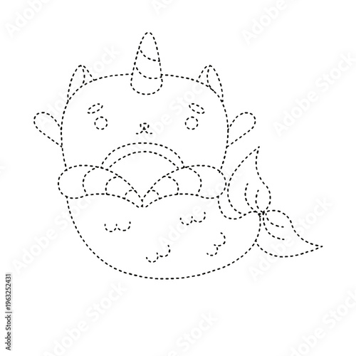 Cute unicorn cat mermaid dot to dot activity game outline isolated on transparent background