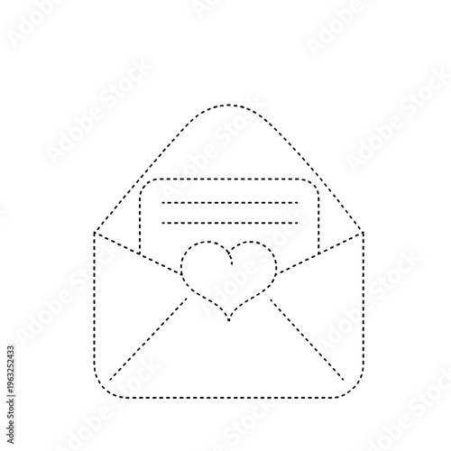 Isolated dotted outline of an open envelope with a heart and letter for kids tracing activity