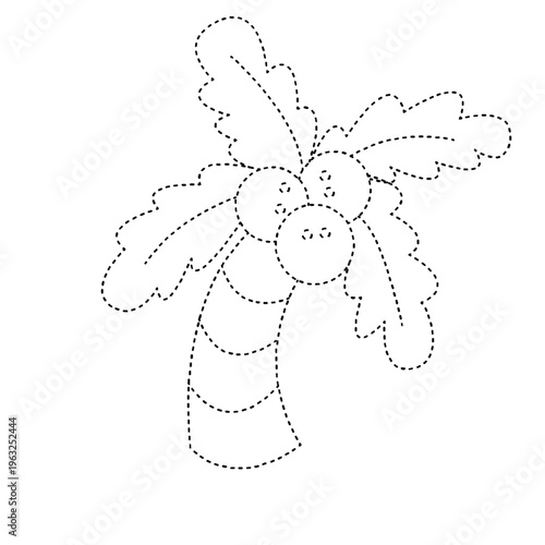 Dotted line drawing of a palm tree with coconuts for a kids activity game