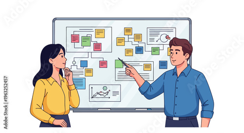 Colleagues Analyzing Workflow on Glass Board