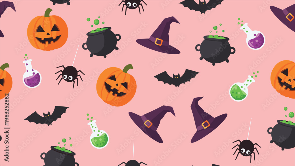 Fototapeta premium Spooky and fun seamless pattern featuring carved Halloween pumpkins, witch cauldrons with potions, flying bats, spiders, and witch hats on a light pink background.