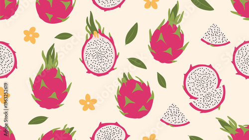 Vibrant seamless pattern featuring exotic whole and sliced dragon fruit with seeds, accompanied by small yellow blossoms, scattered on a light beige background, perfect for tropical designs.